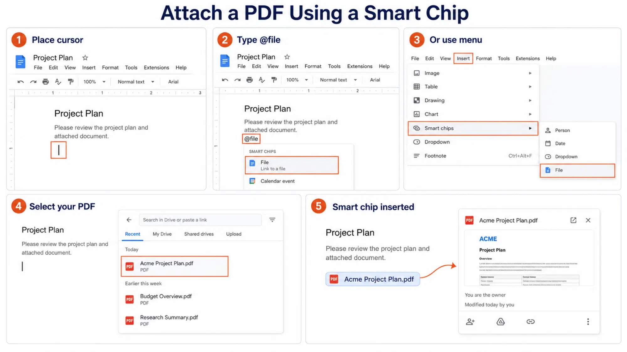 Steps to attach a PDF in Google Docs using a smart chip