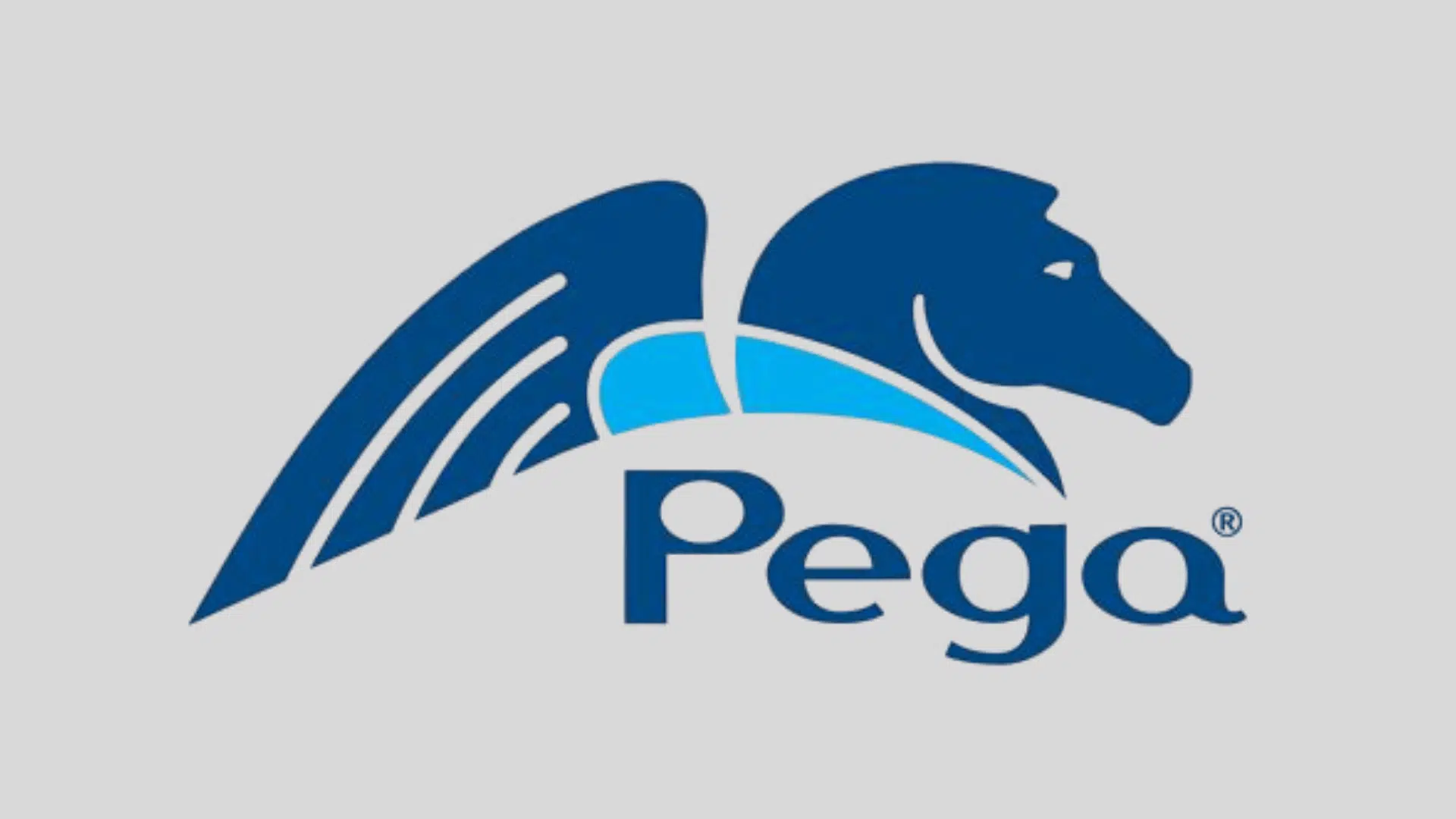 pega logo with a blue winged horse symbol on a light gray background