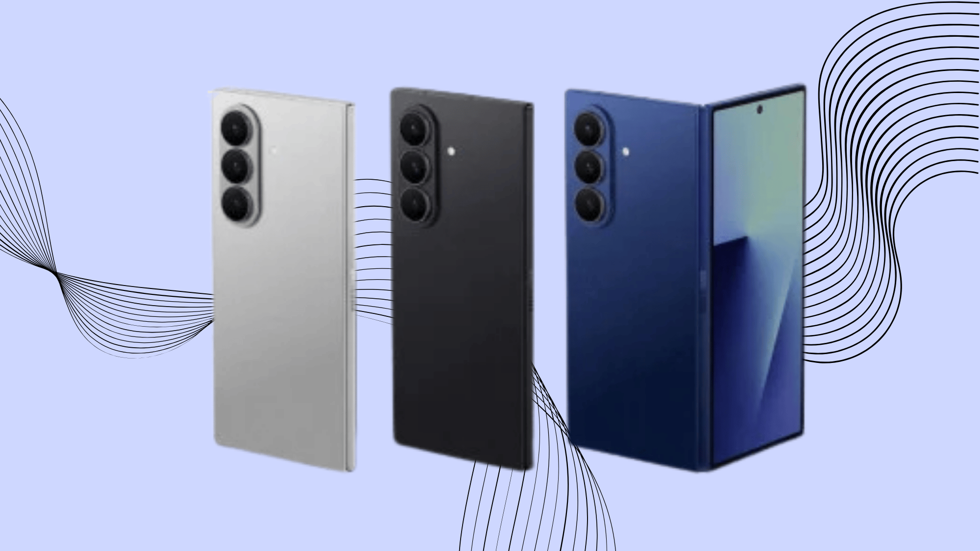 Samsung Galaxy Z Fold7 in Silver, Black, and Blue colorways displayed against a light purple background.