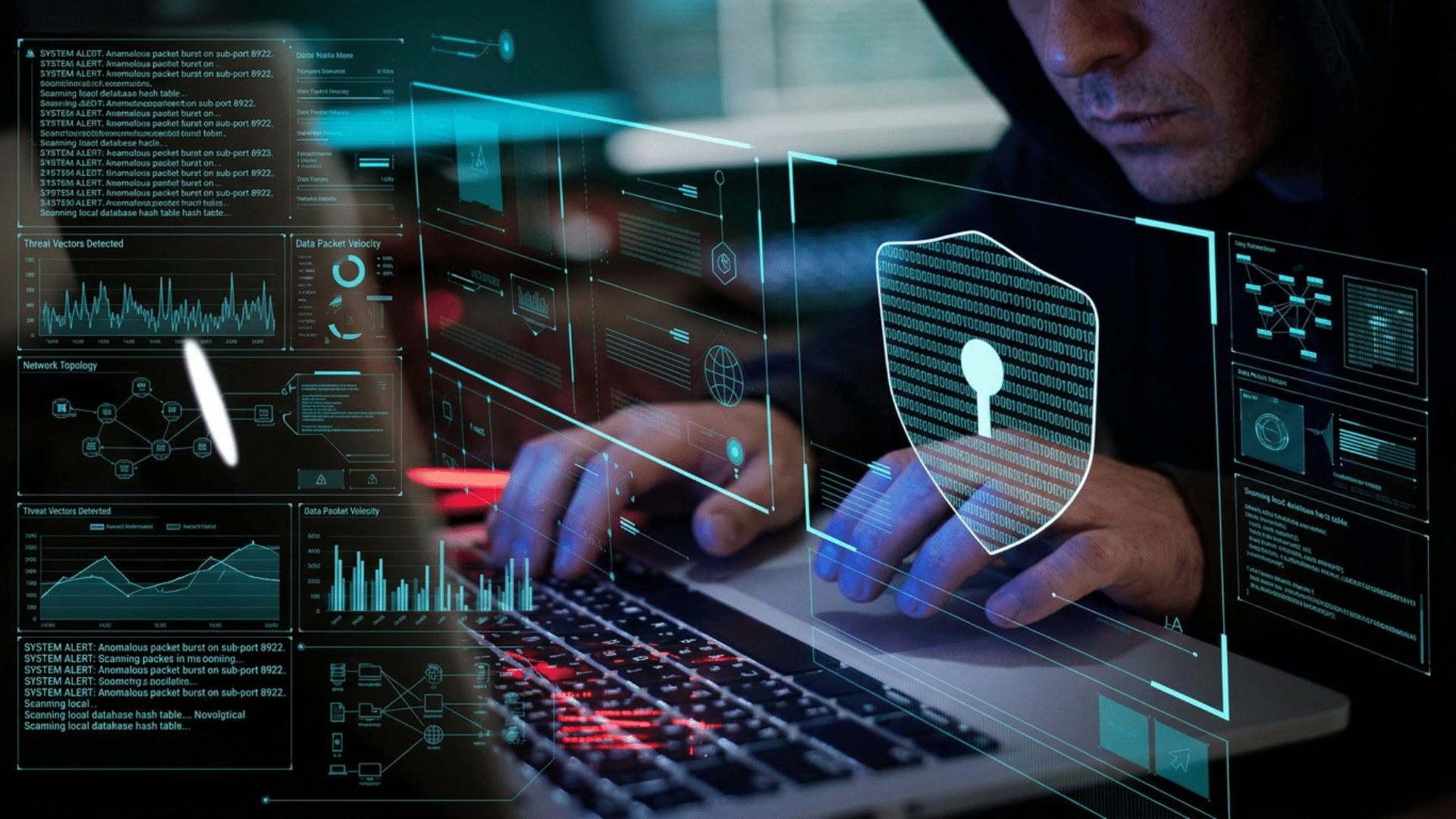 Person using a laptop with cybersecurity dashboards and digital security graphics displayed on the screen