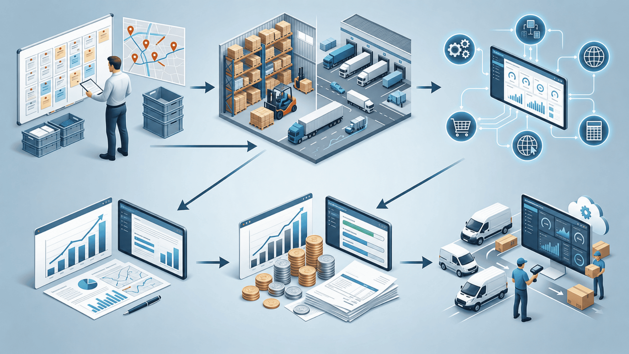 Logistics workflow with warehouse, trucks, dashboards, maps, and cost charts