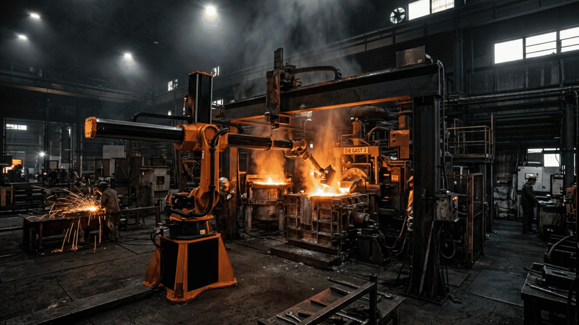 A polar robot arm operating in a die casting facility with a wide spherical range of motion