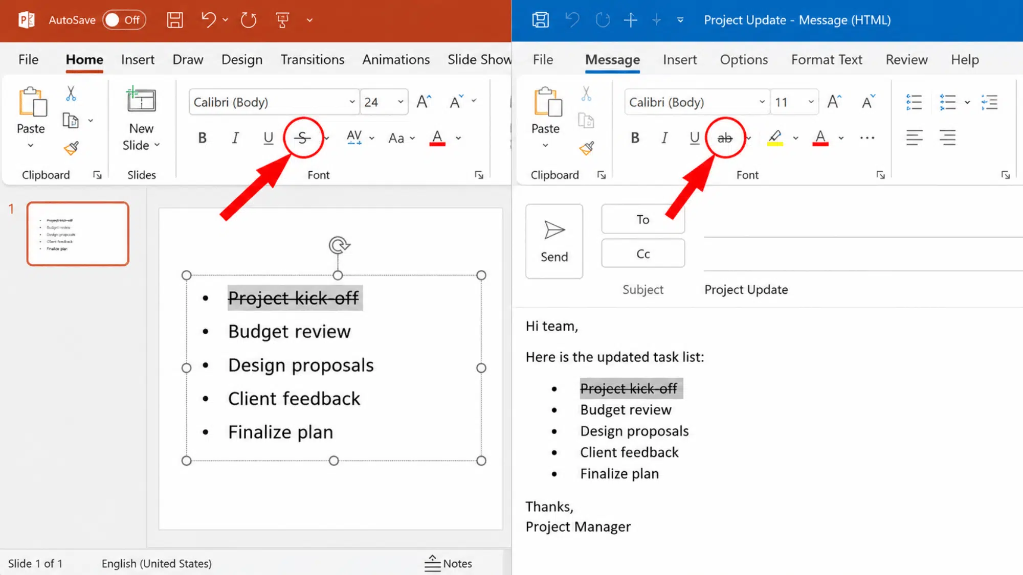 PowerPoint and Outlook strikethrough buttons highlighted in split view