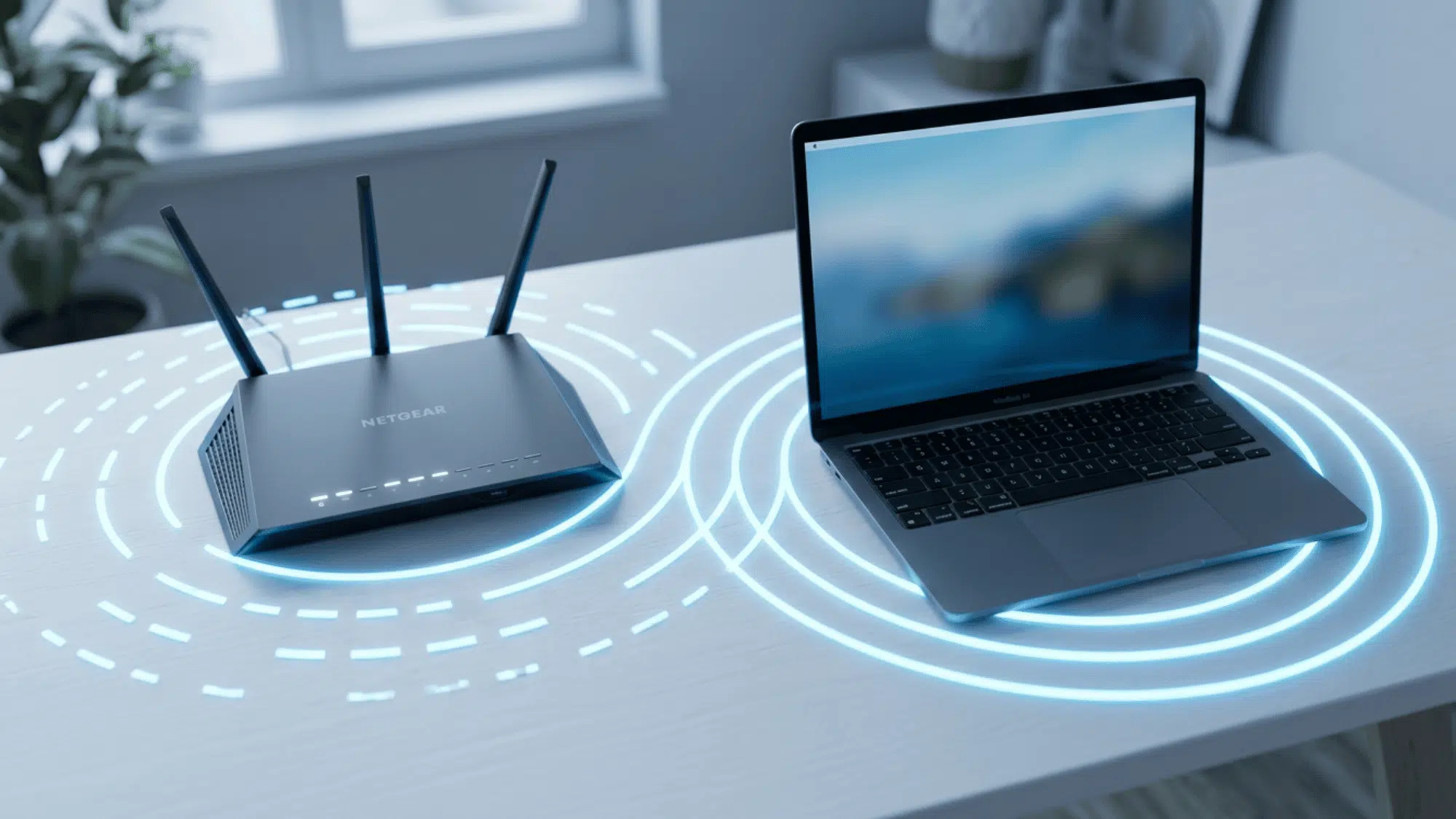 Router and laptop connected with glowing signal rings showing stable DNS network connection