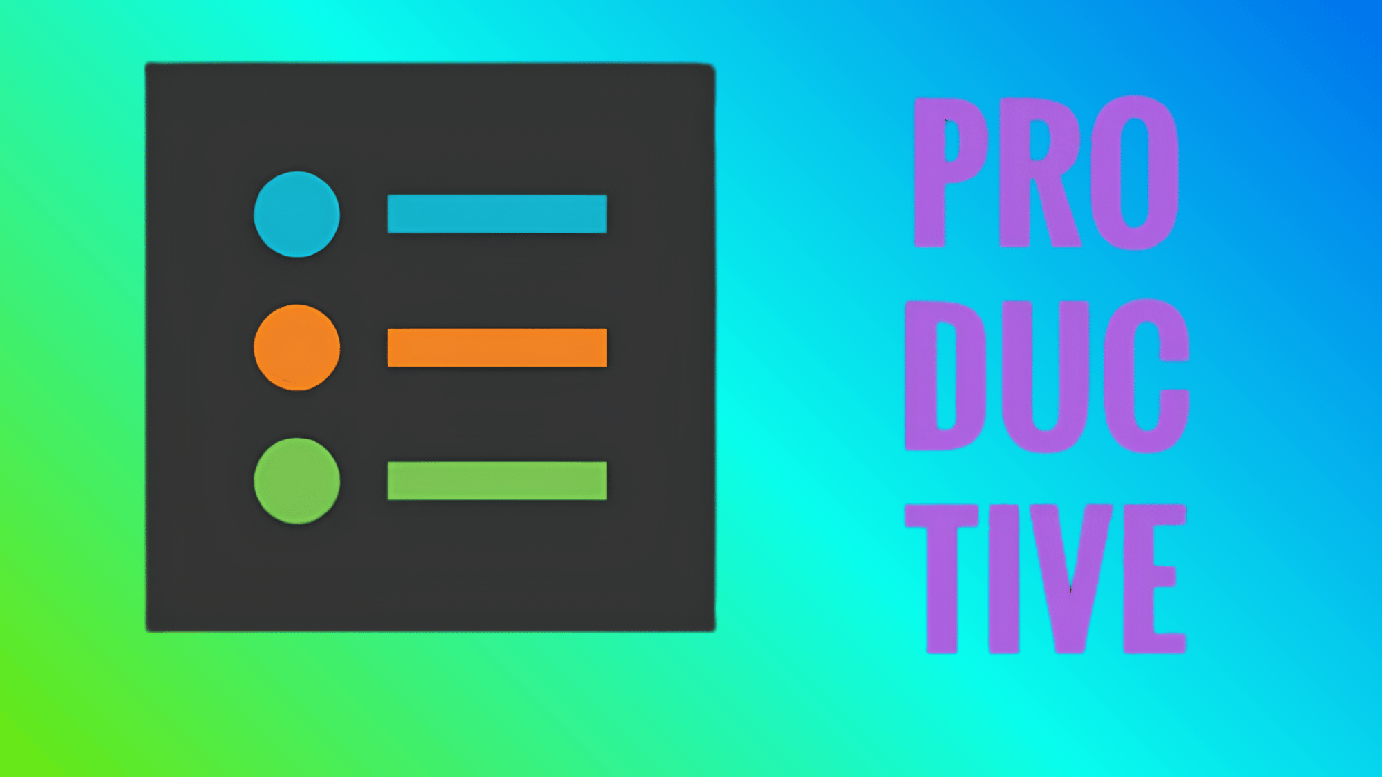 Productive logo with checklist icon and purple text on a green-to-blue gradient background.
