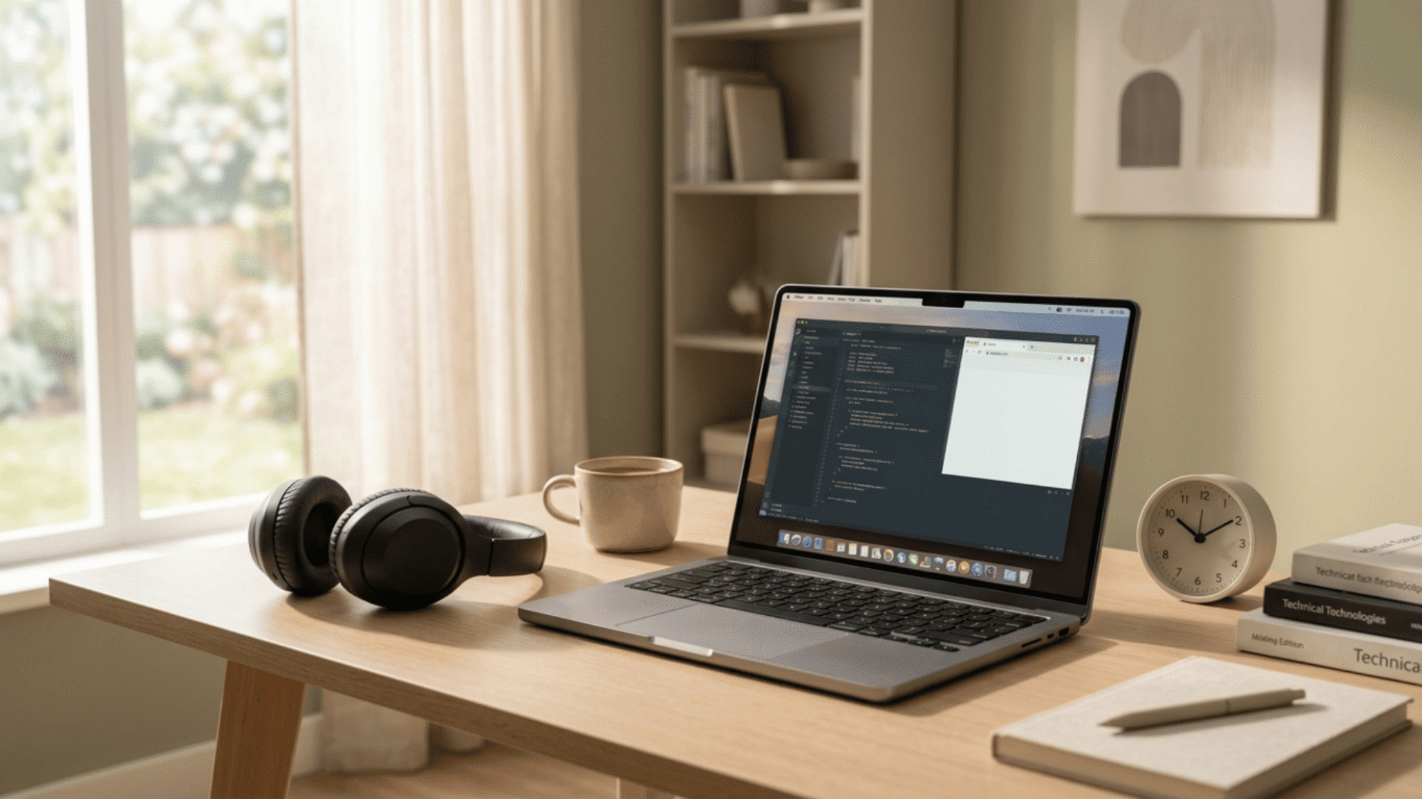 Headphones beside laptop and clock on a work-from-home desk
