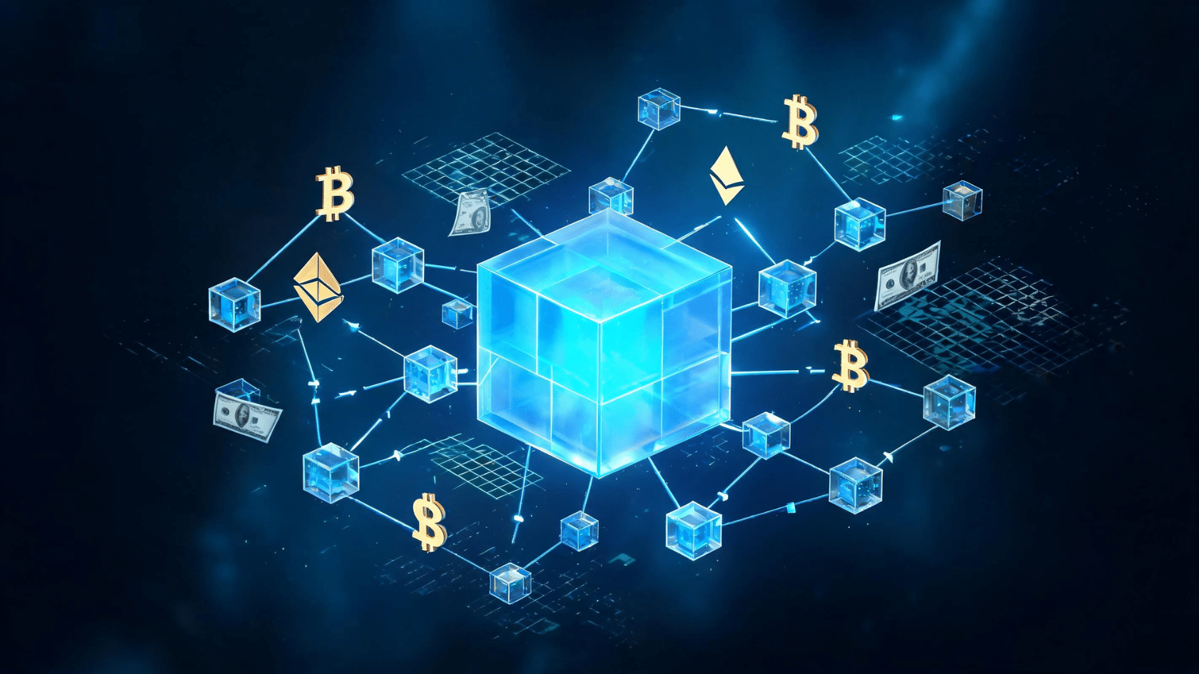 digital blockchain network with cryptocurrency and quantum finance concepts
