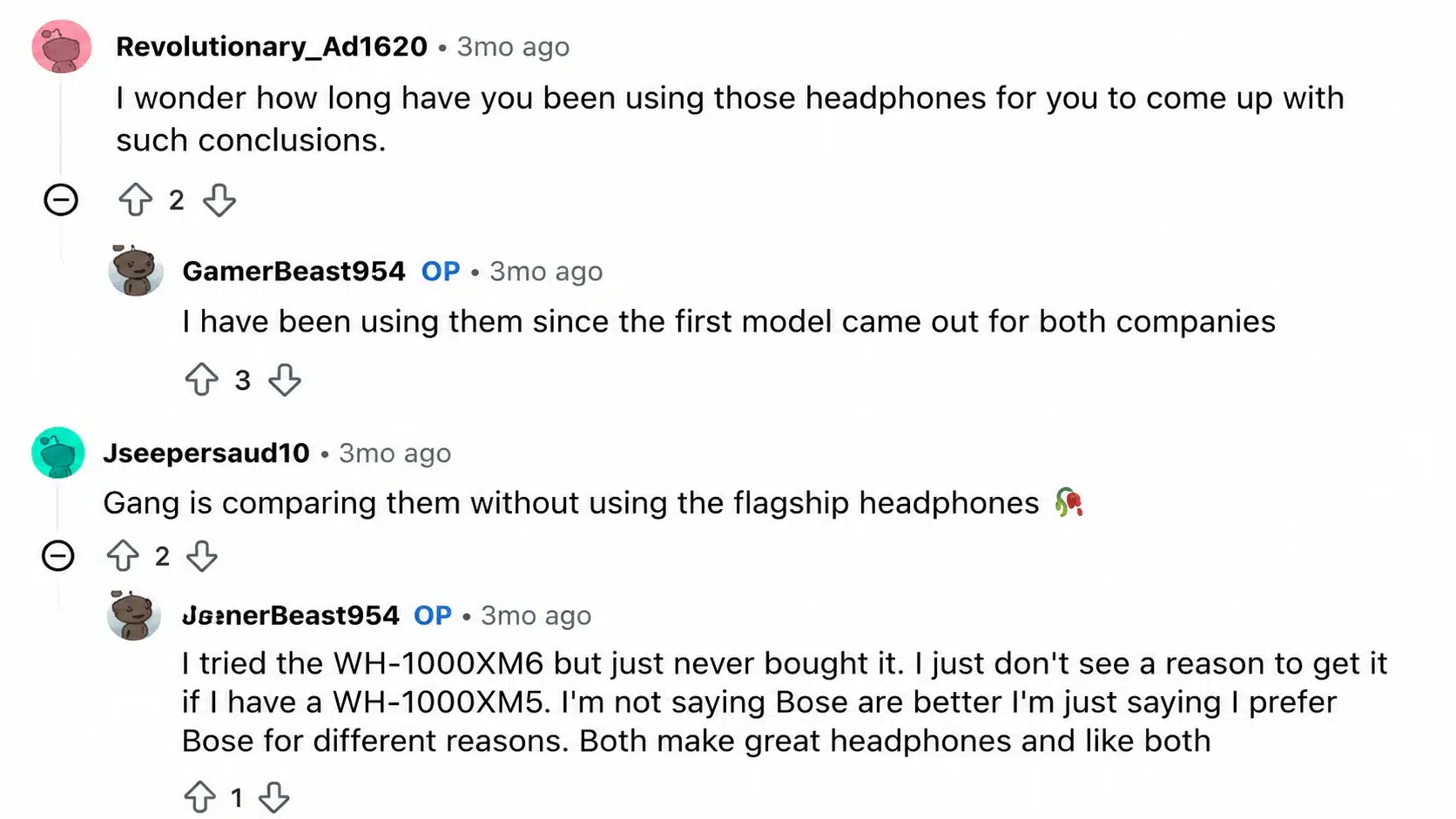 reddit discussion about bose and sony headphones with users sharing comparison opinions