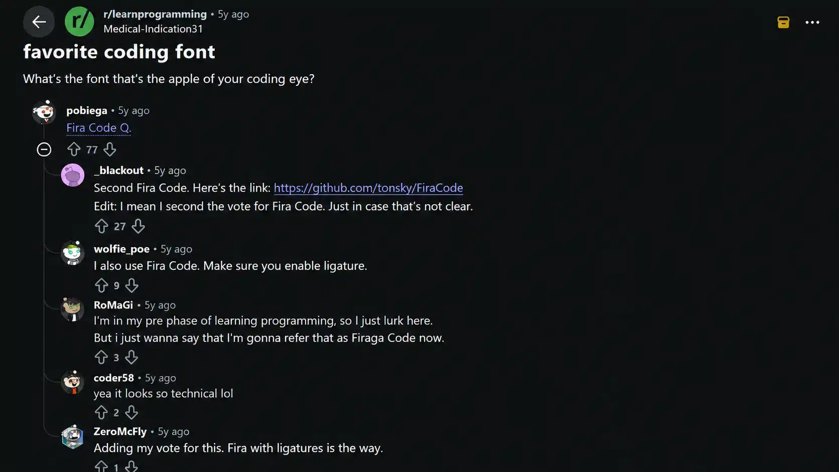reddit discussion showing developers sharing favorite coding fonts with fira code recommendations and ligature tips