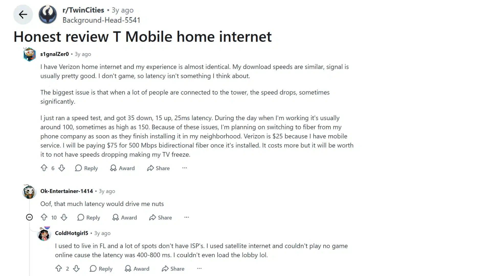 reddit discussion showing user experiences with t mobile home internet speed and latency issues