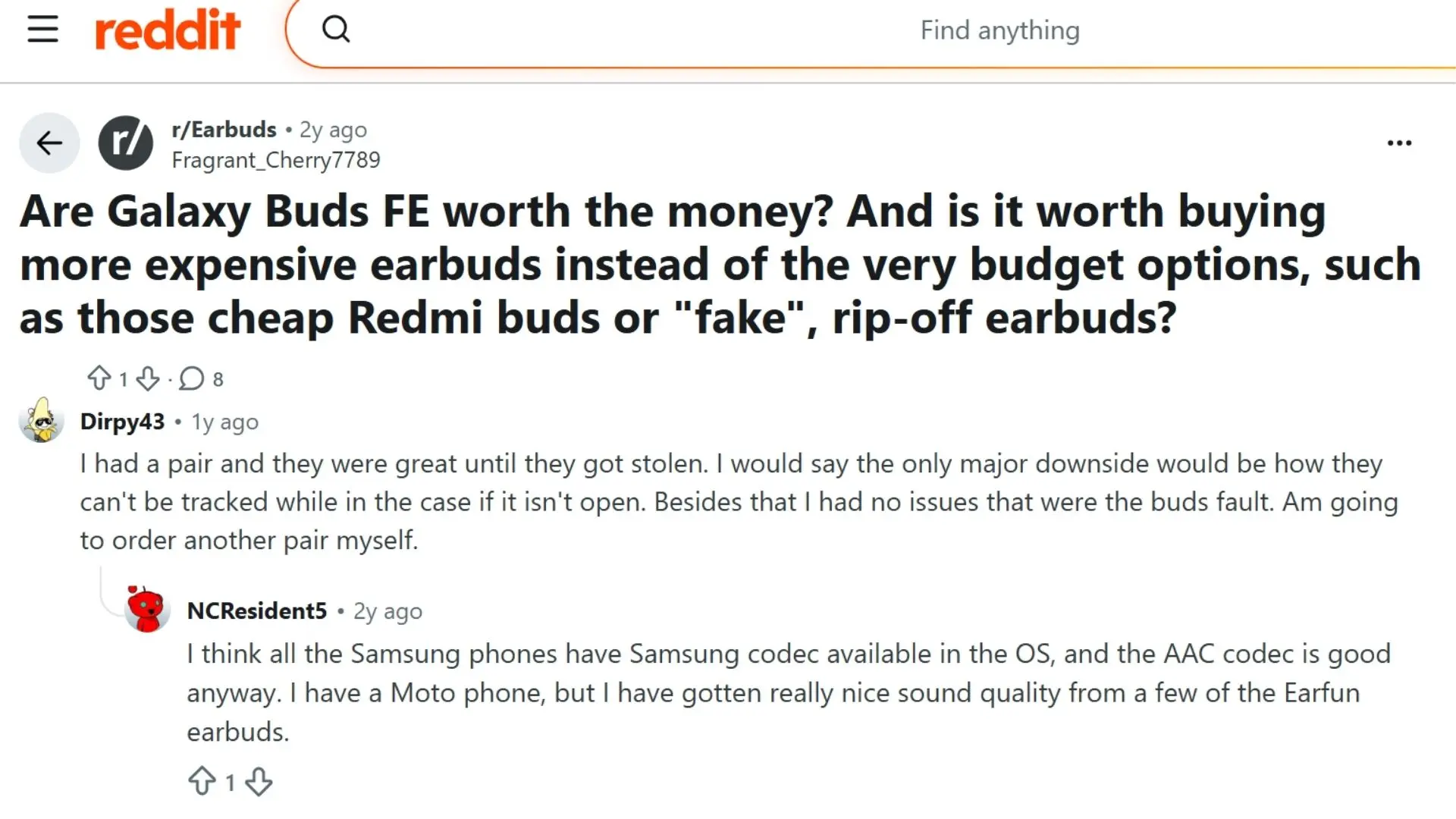 reddit discussion showing user reviews about samsung galaxy buds fe value sound quality and buying experience