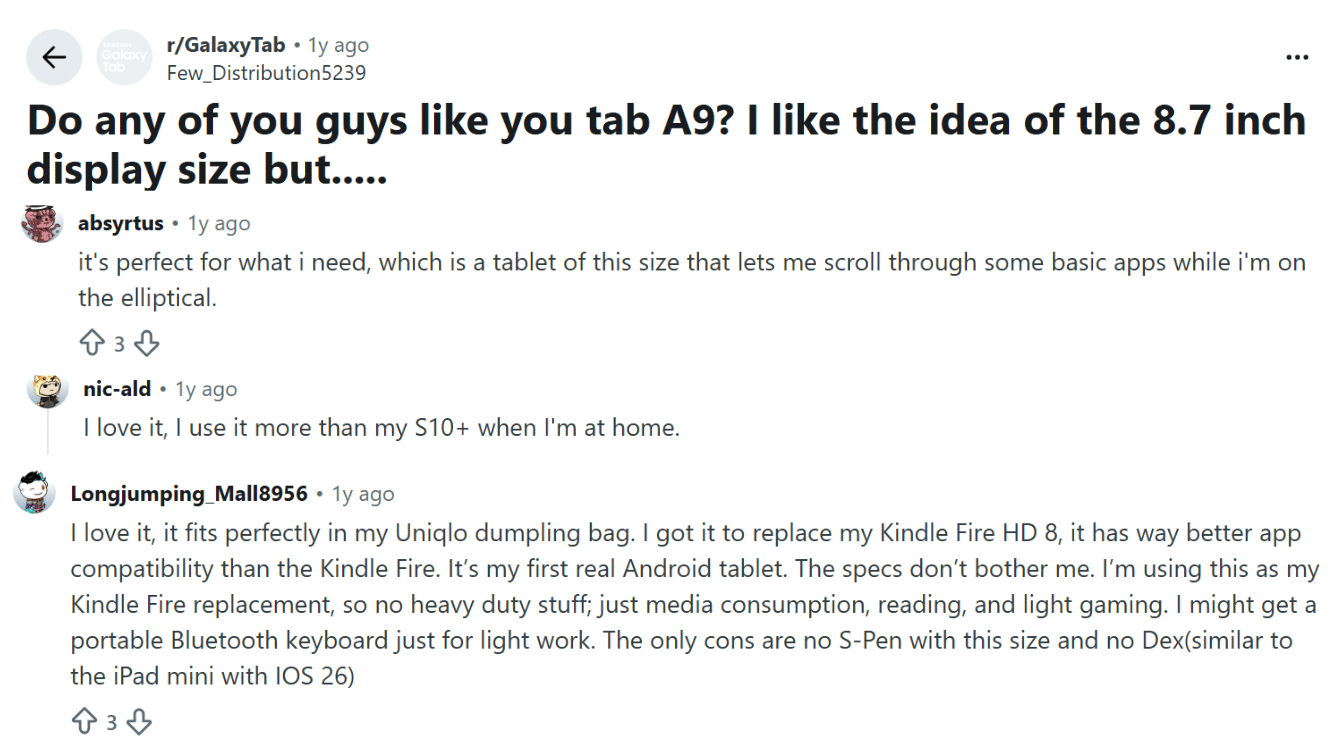 reddit thread showing users discussing the galaxy tab a9 compact tablet for casual use and portability