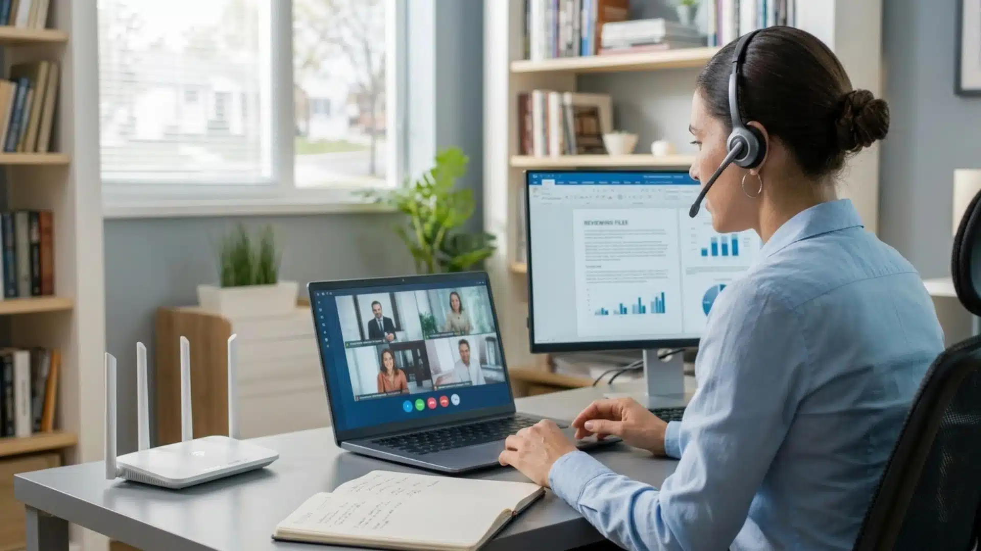 remote worker using laptop and headset during video meeting with home office setup and internet router nearby