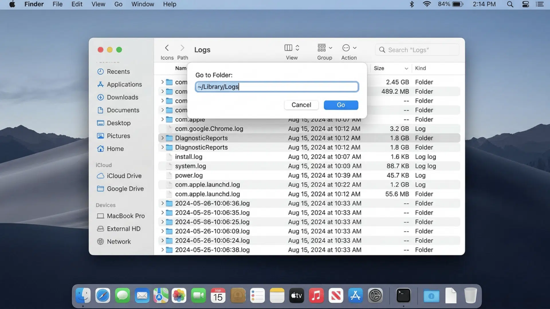 Logs folder open in Mac Finder