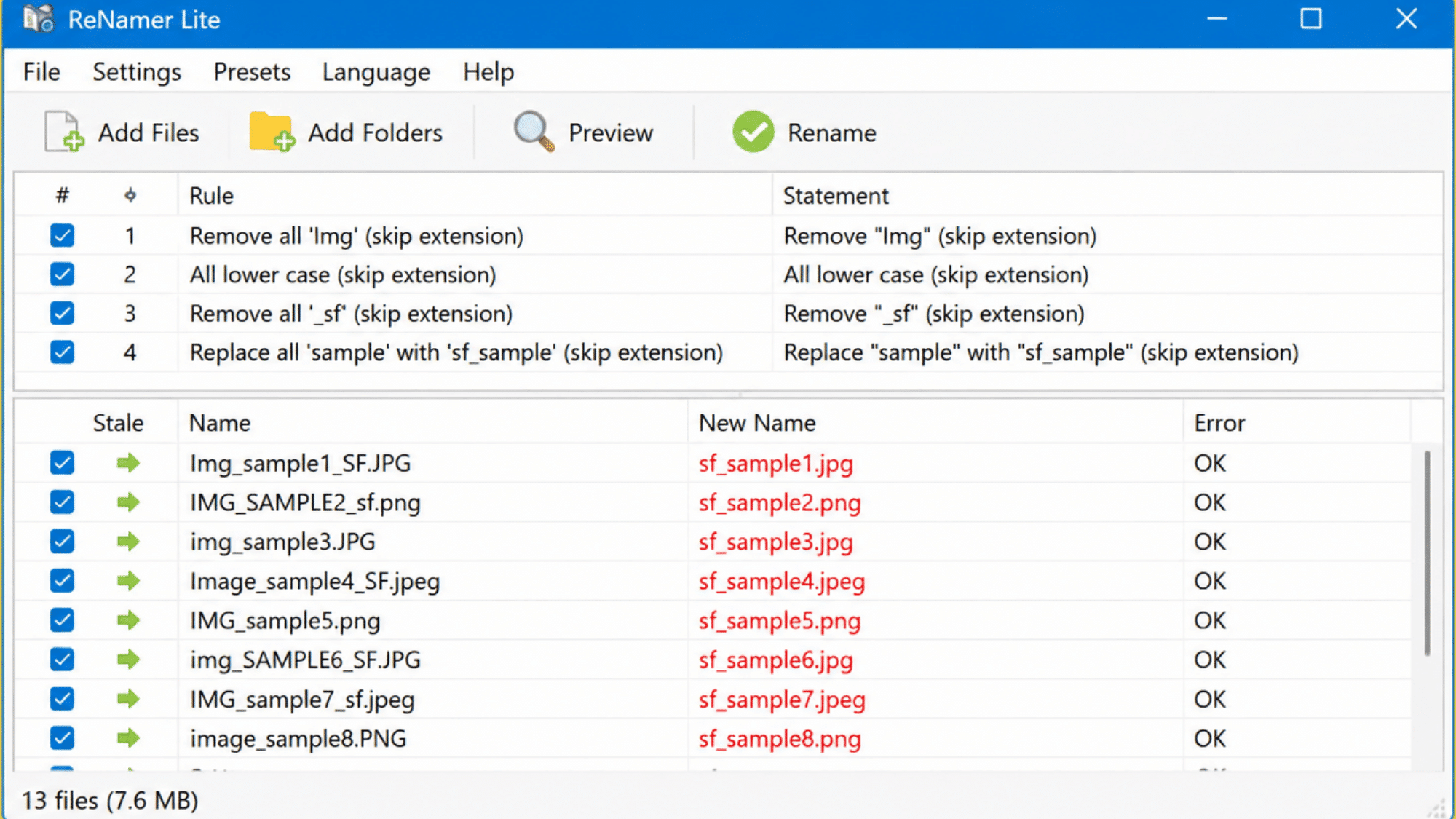 ReNamer Lite software renaming multiple image files at once