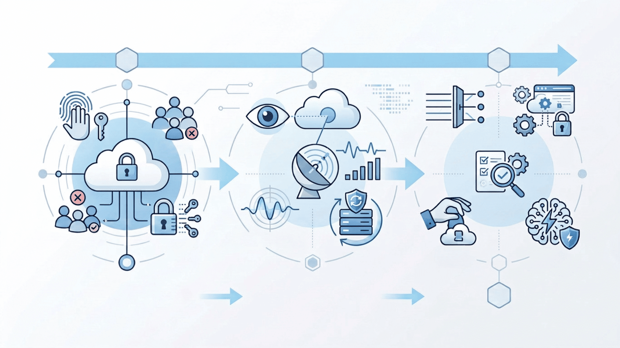 Three-stage cloud security roadmap with access, monitoring, and AI controls