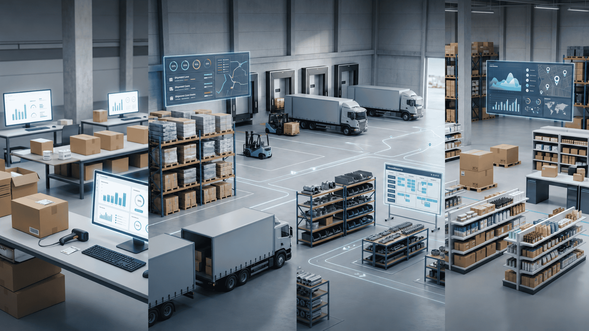 Modern logistics warehouse with packing desks, trucks, shelves, and digital dashboards