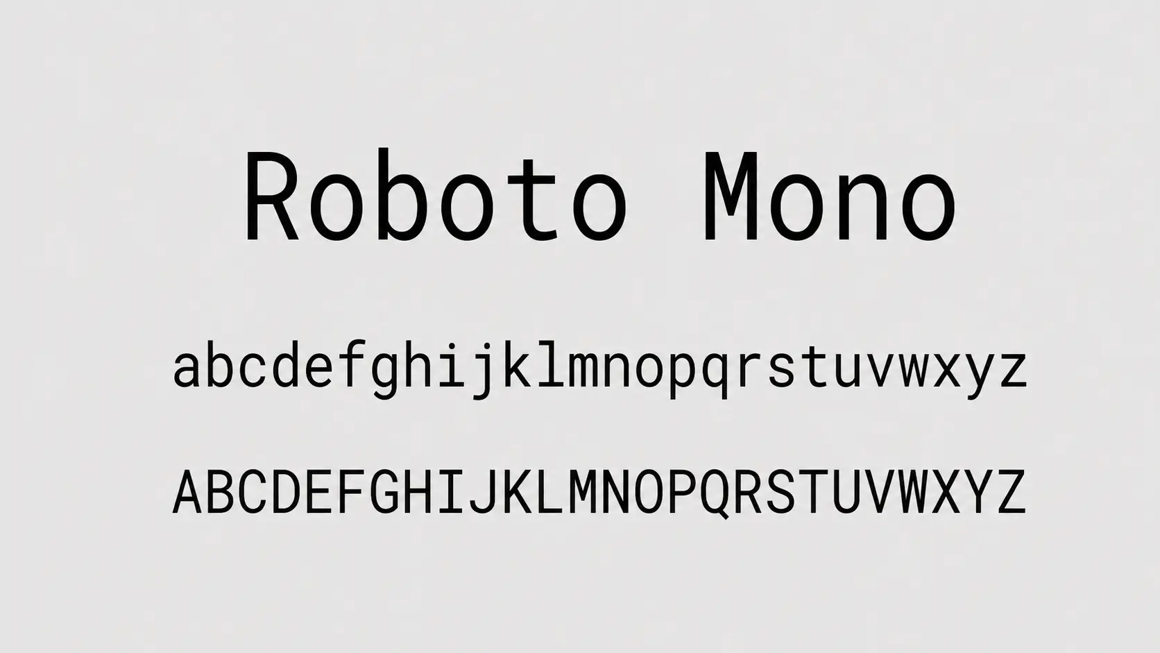 roboto mono font sample showing monospace alphabet characters and programming symbols