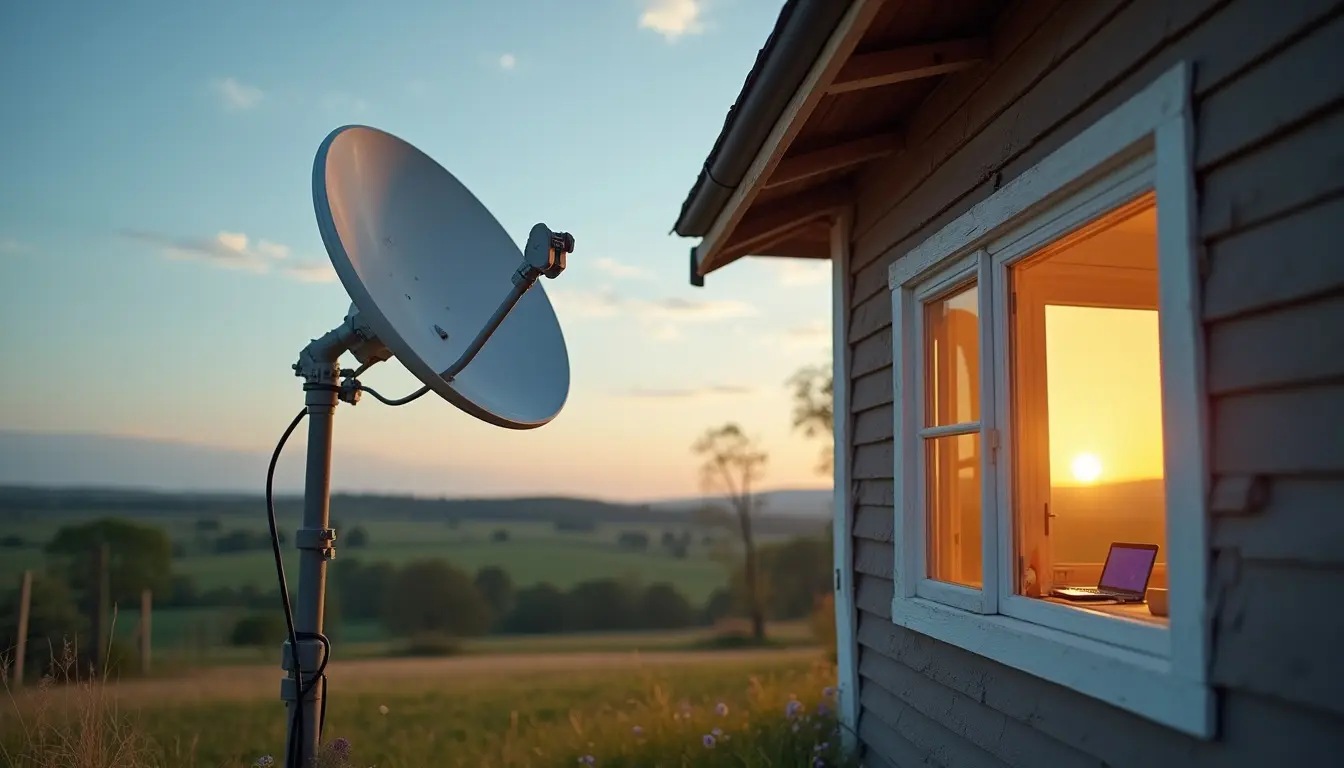 rural home with satellite dish connected to modem for satellite broadband internet access