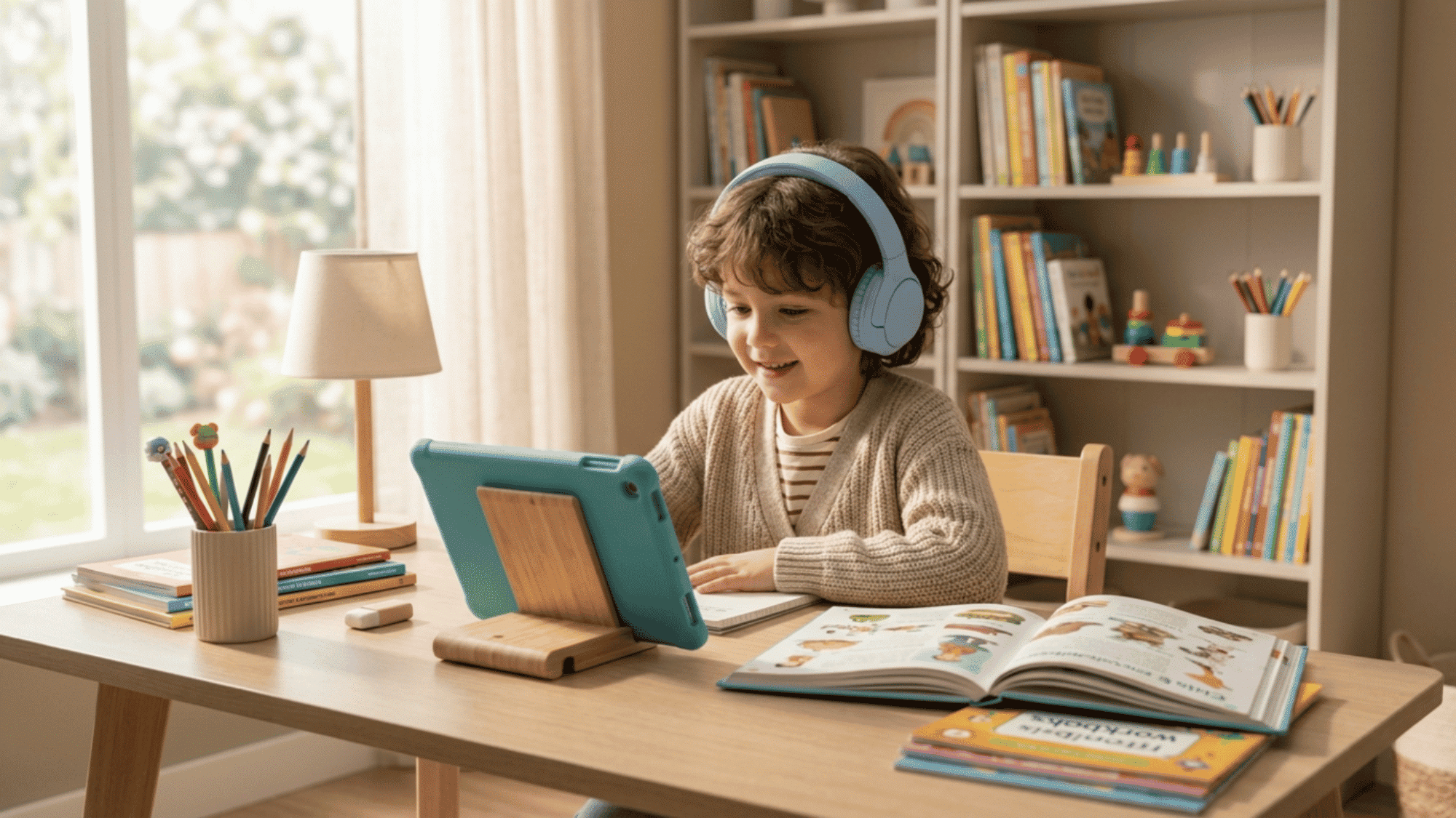Child wearing headphones while using a tablet at a study desk