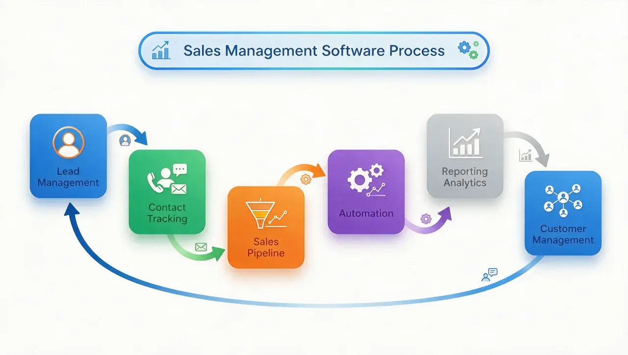 sales management software workflow showing leads pipeline automation and customer management