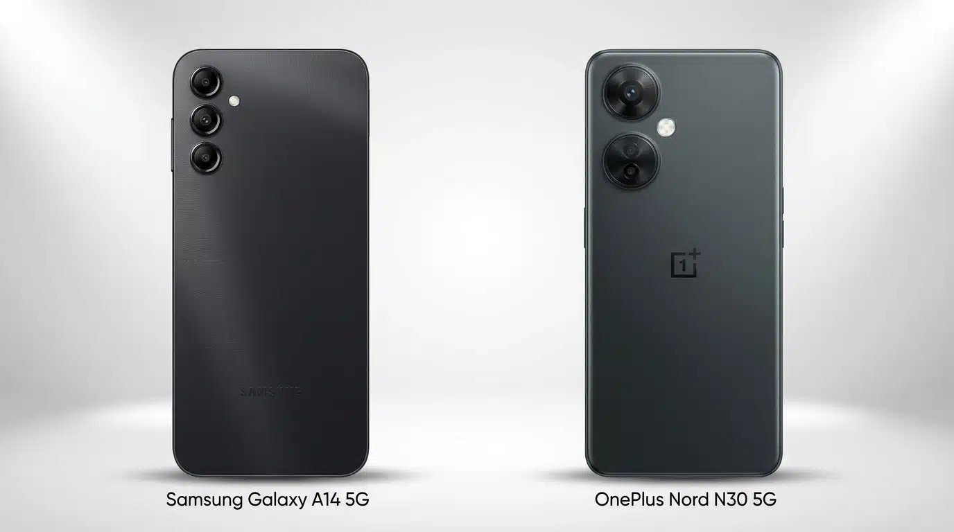 samsung galaxy a14 5g and oneplus nord n30 5g smartphones compared side by side in a studio setup