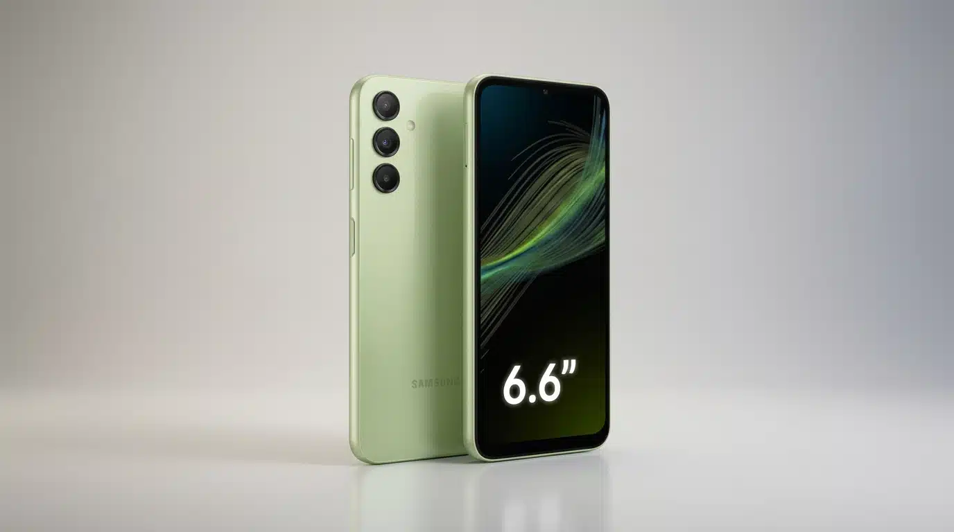 samsung galaxy a14 5g phone displaying its front screen and rear camera layout in studio lighting