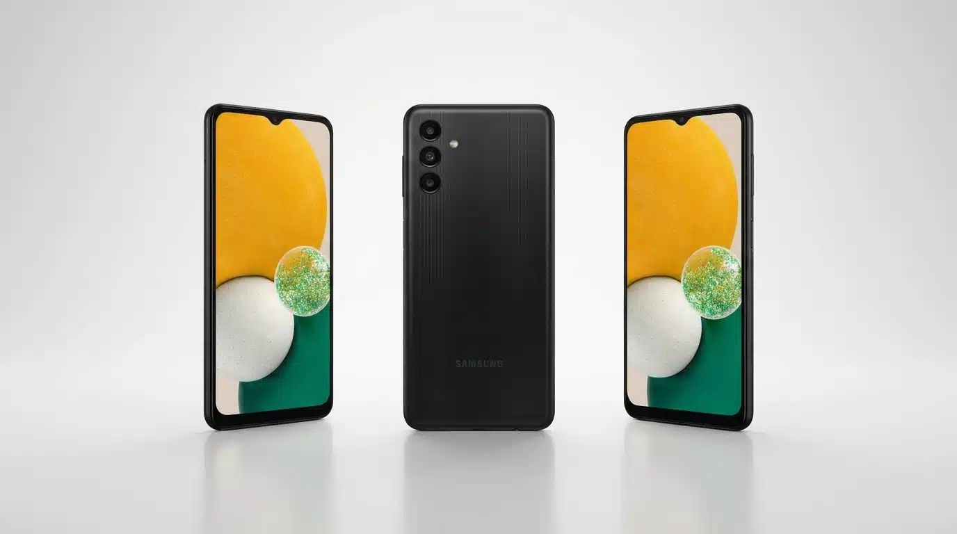 samsung galaxy a14 5g smartphone showing front rear and side views in a clean studio setup