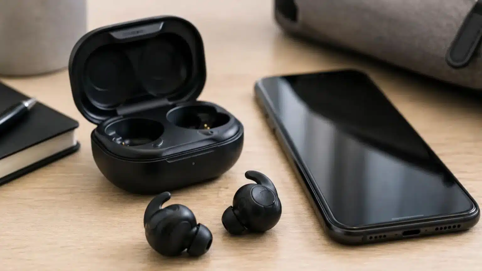 samsung galaxy buds fe earbuds with charging case and smartphone on a wooden desk