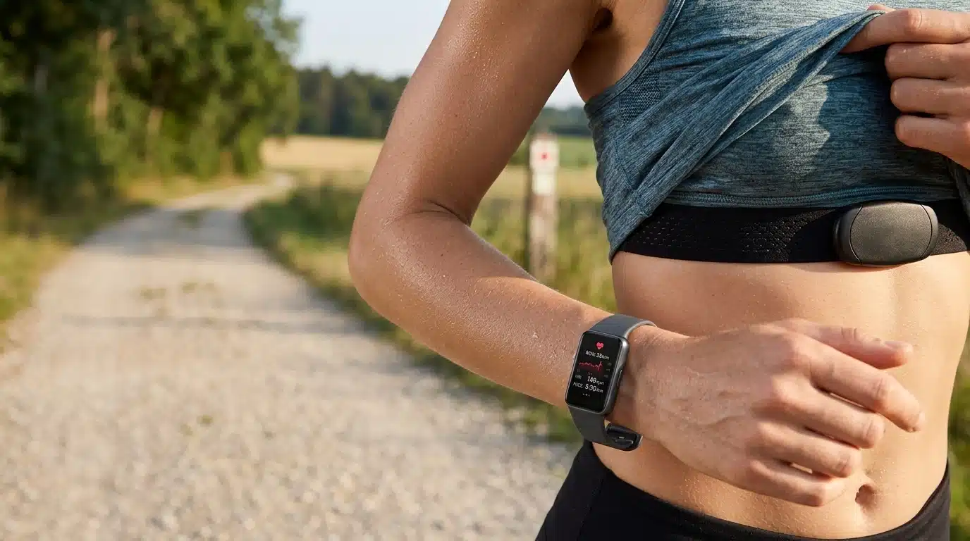 samsung galaxy fit3 tracking heart rate and steps during outdoor workout with chest strap monitor