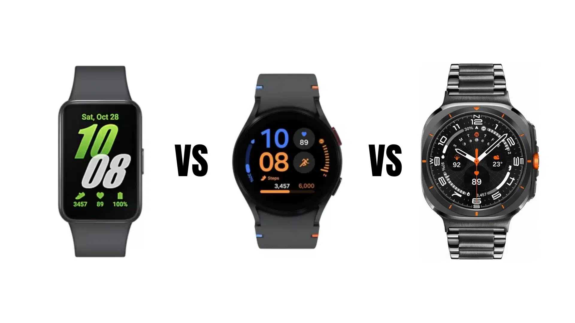 samsung galaxy fit3 vs galaxy watch fe vs galaxy watch ultra comparison showing three wearables side by side