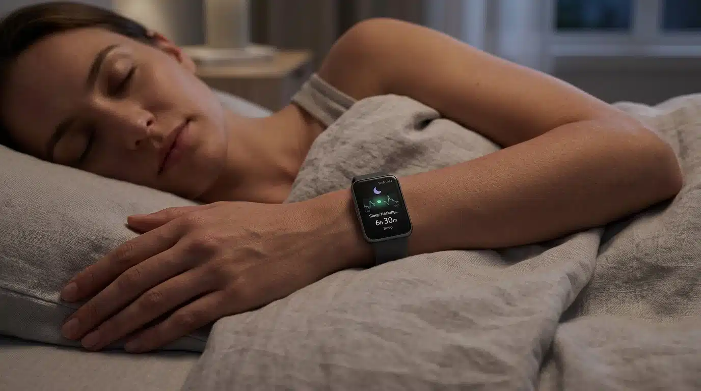 samsung galaxy fit3 worn during sleep tracking with wrist monitoring in a modern bedroom setting