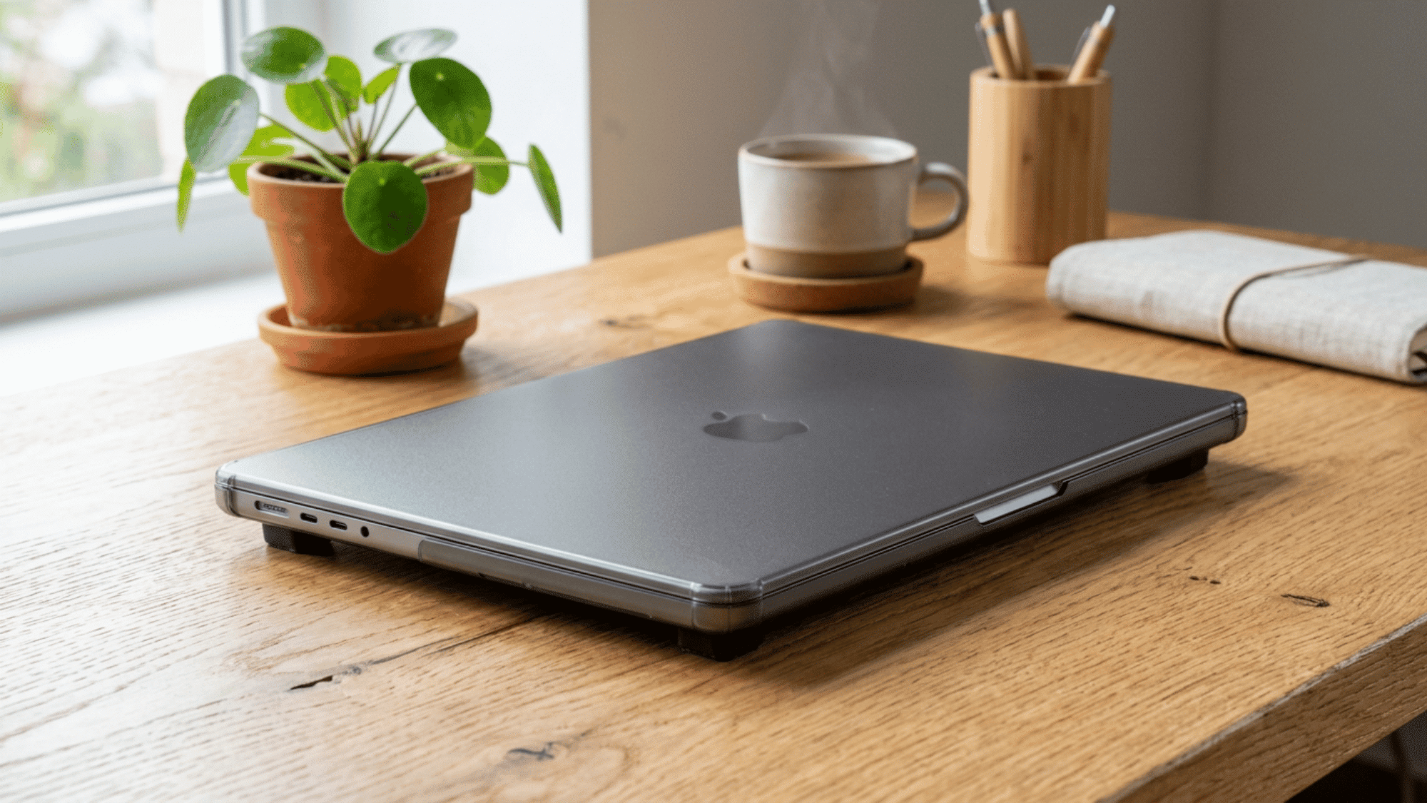 Satechi Eco-Hardshell case on closed MacBook Air M2 with rubber feet visible