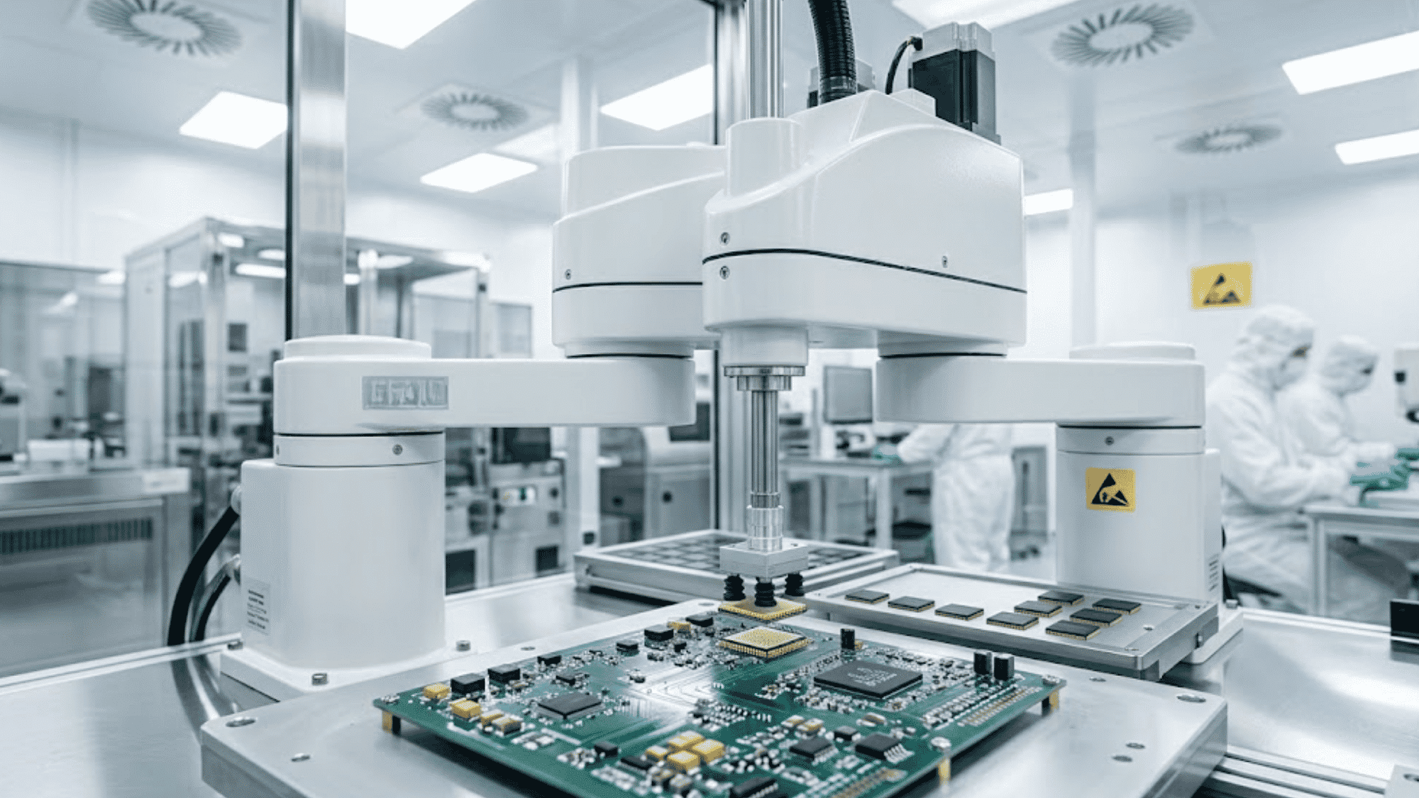 A SCARA robot arm placing components onto a printed circuit board in an electronics facility