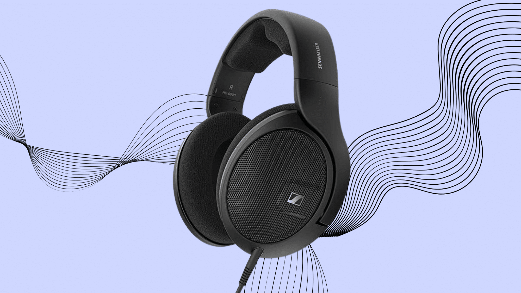 Sennheiser HD 560S open-back audiophile headphones on abstract wave background for critical listening.