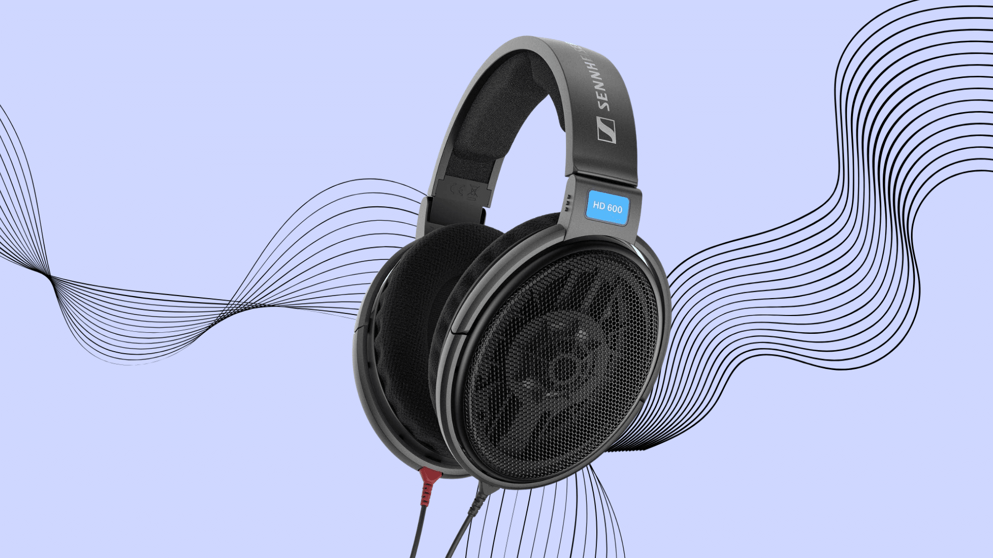 Sennheiser HD 600 open-back audiophile headphones on abstract wave background highlighting premium sound.
