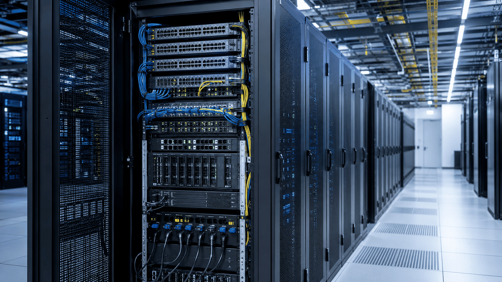 Open data center server rack organizing servers, switches, cables, and power equipment efficiently