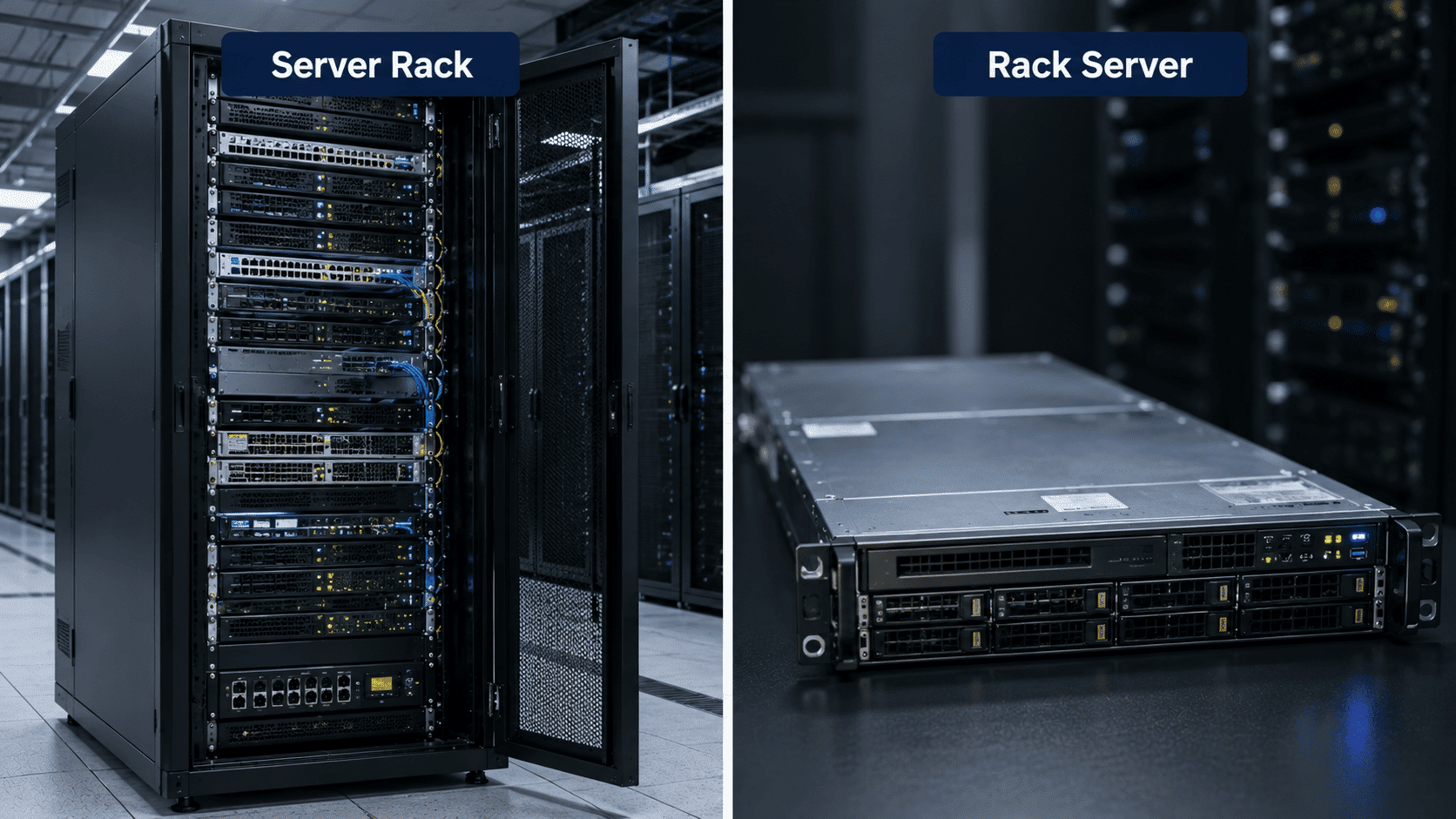 Side by side comparison of a server rack and a rack server in a data center
