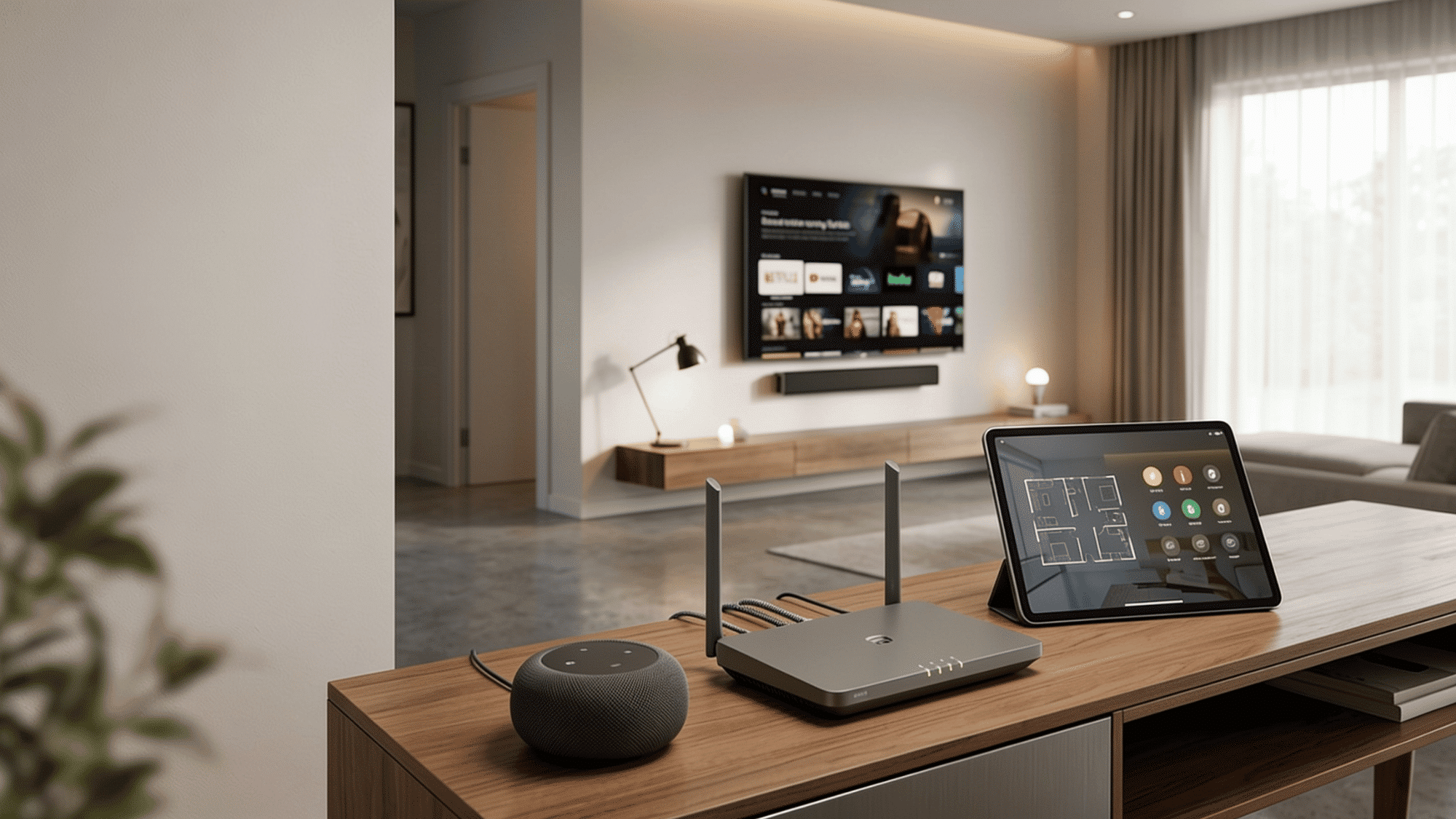 Smart home devices connected through a modern Wi-Fi router