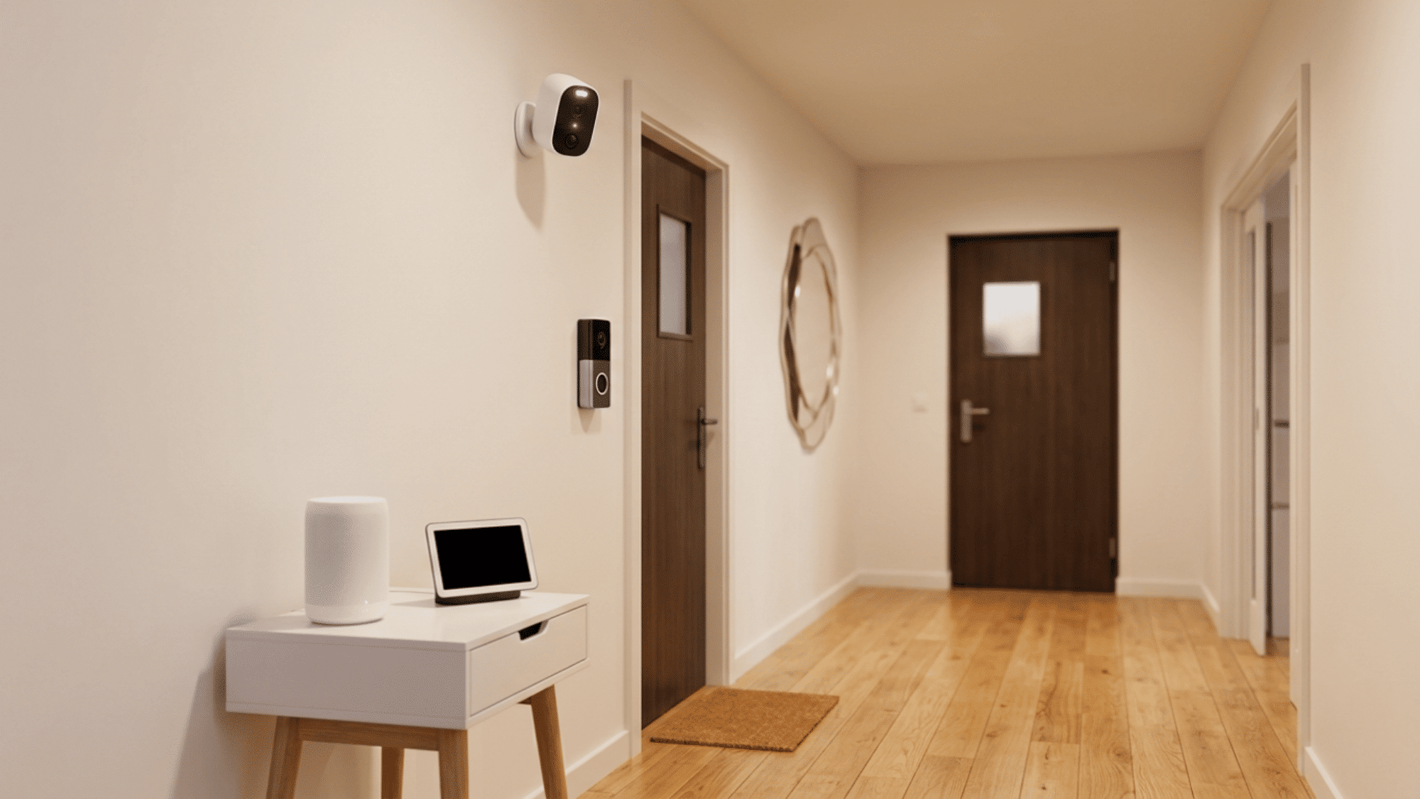 Hallway with wall-mounted security camera, video doorbell, and smart display