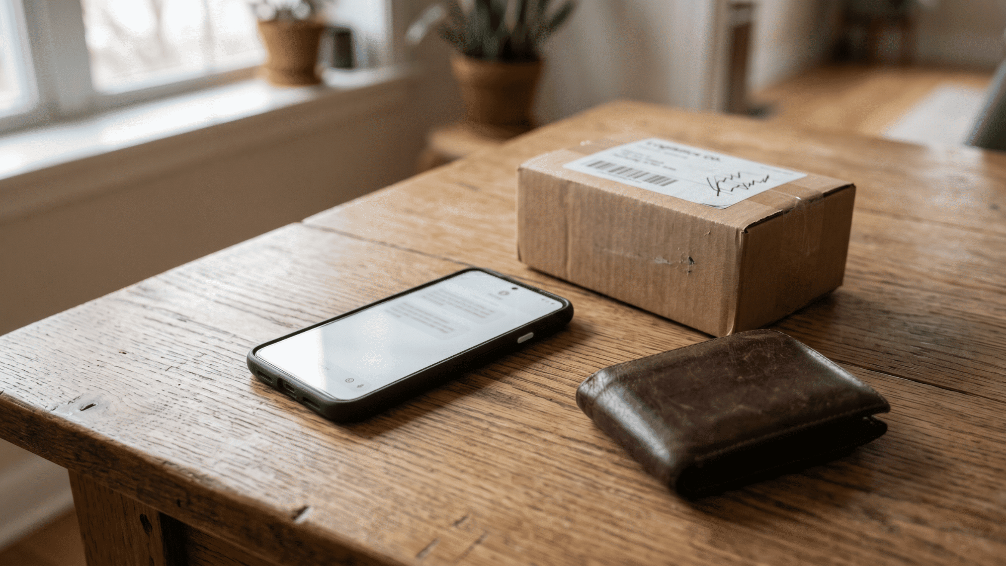 Phone beside package and wallet showing a suspicious smishing message