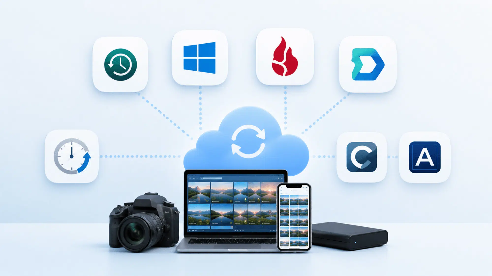 Camera, laptop, cloud, drive, and backup software logos illustrating automatic photo backup workflow.