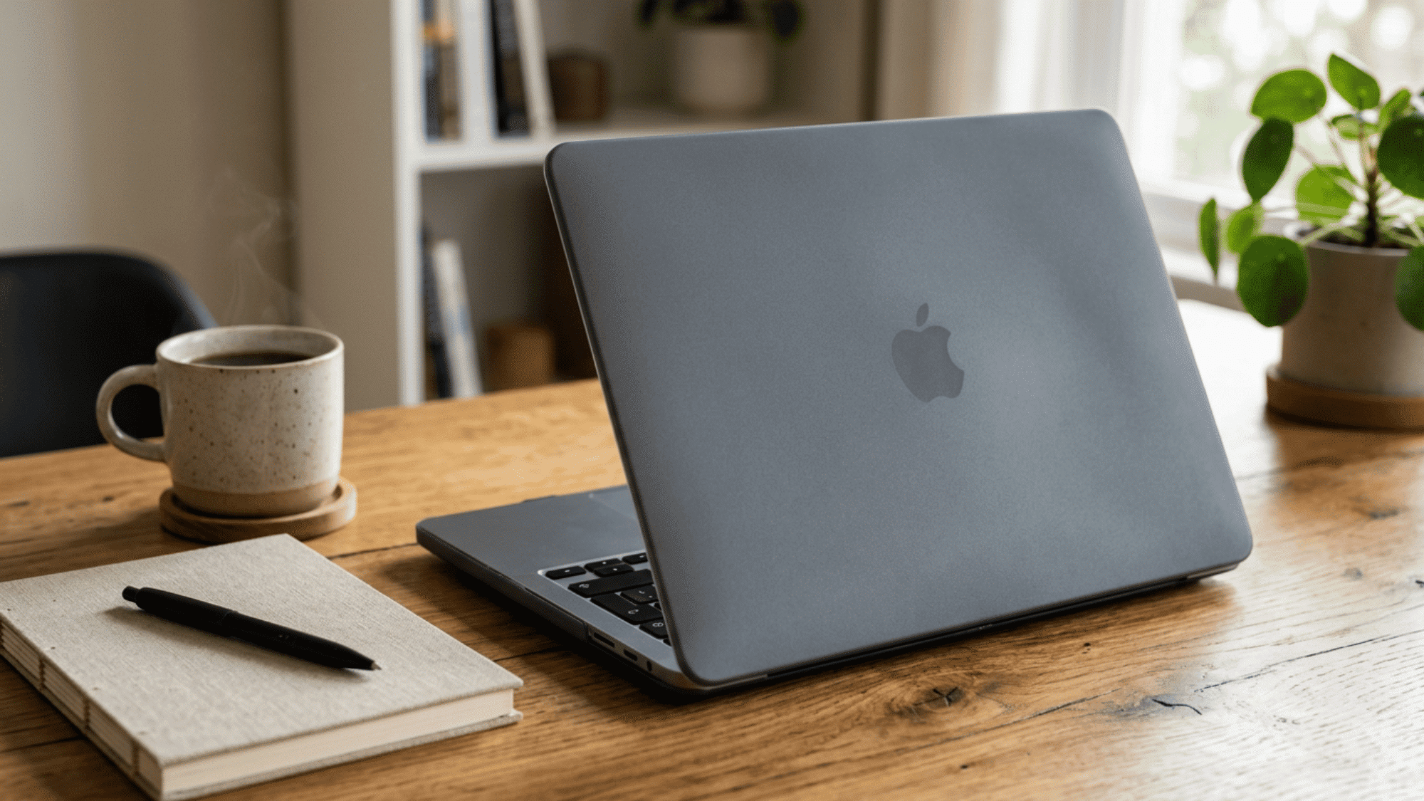 Matte dark gray snap-on hard shell case on MacBook Air M2 on wooden desk