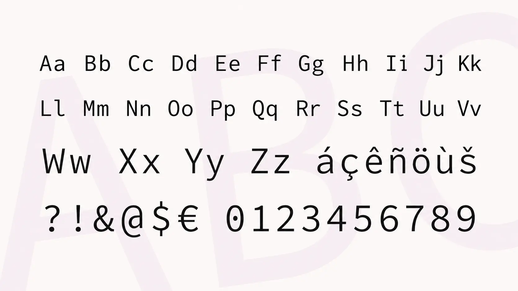 source code pro font sample showing monospace alphabet characters and coding symbols