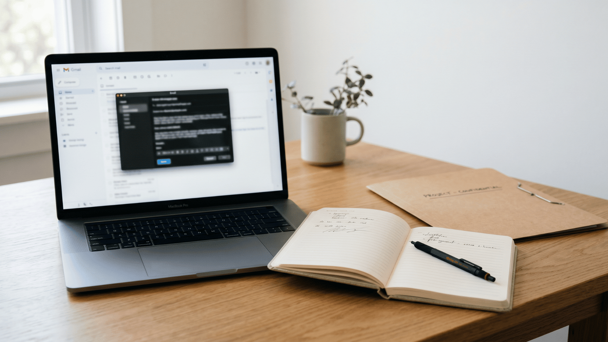 Laptop with blurred work email, notebook, and folder for spear phishing