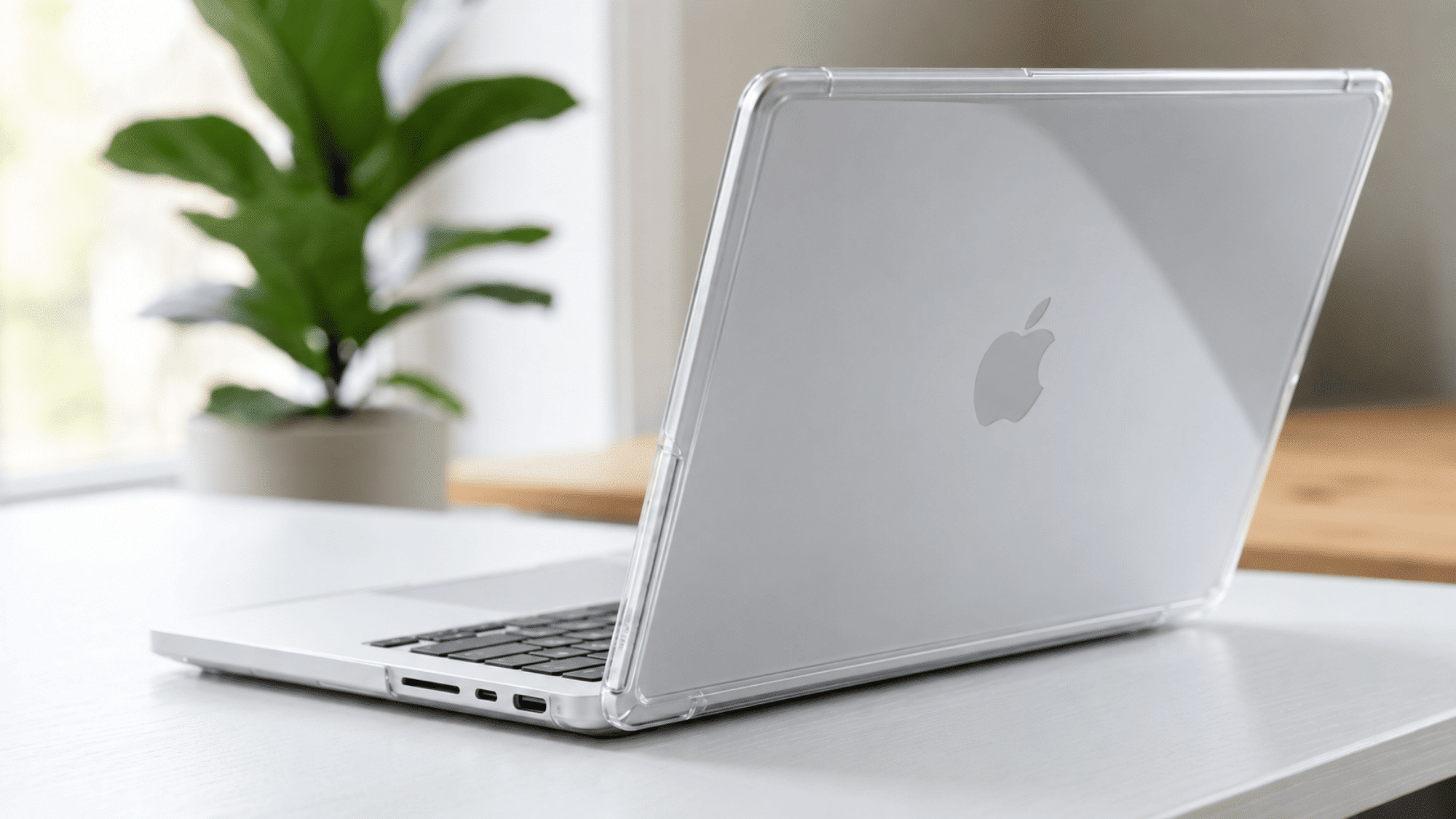 MacBook Air M2 in a clear hard-shell case on a bright desk near a green plant