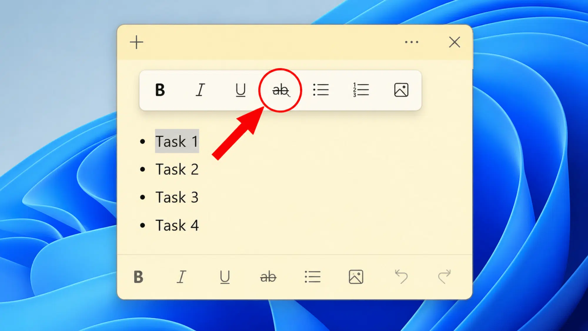 Windows Sticky Notes toolbar showing strikethrough icon on selected text