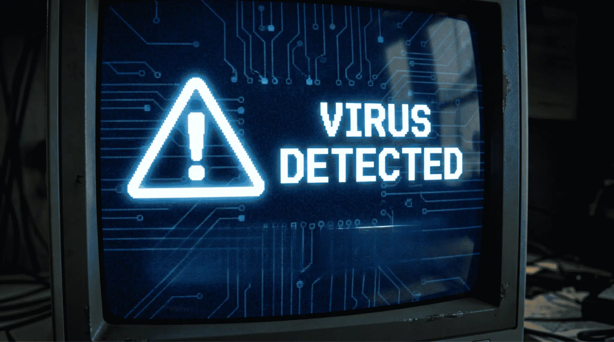 A retro CRT monitor displaying a glowing blue
