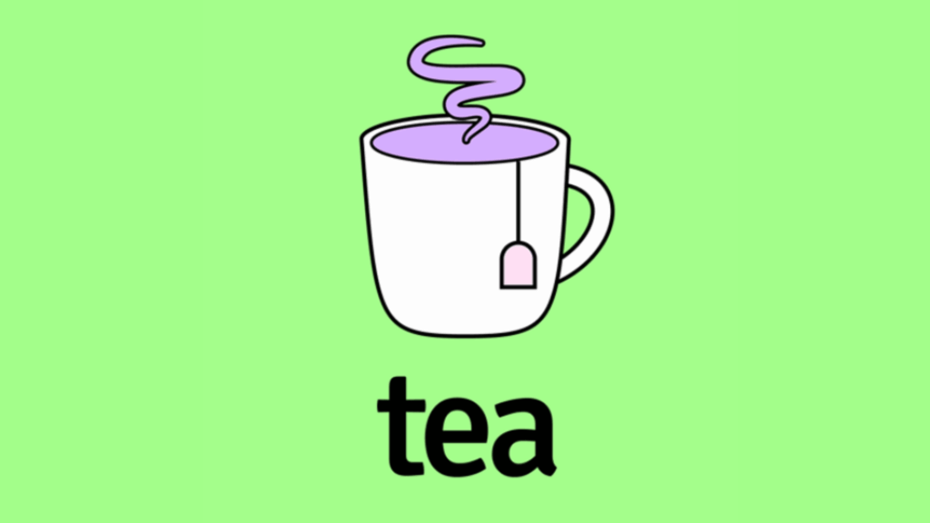 Tea app logo with a steaming cup on a bright green background.