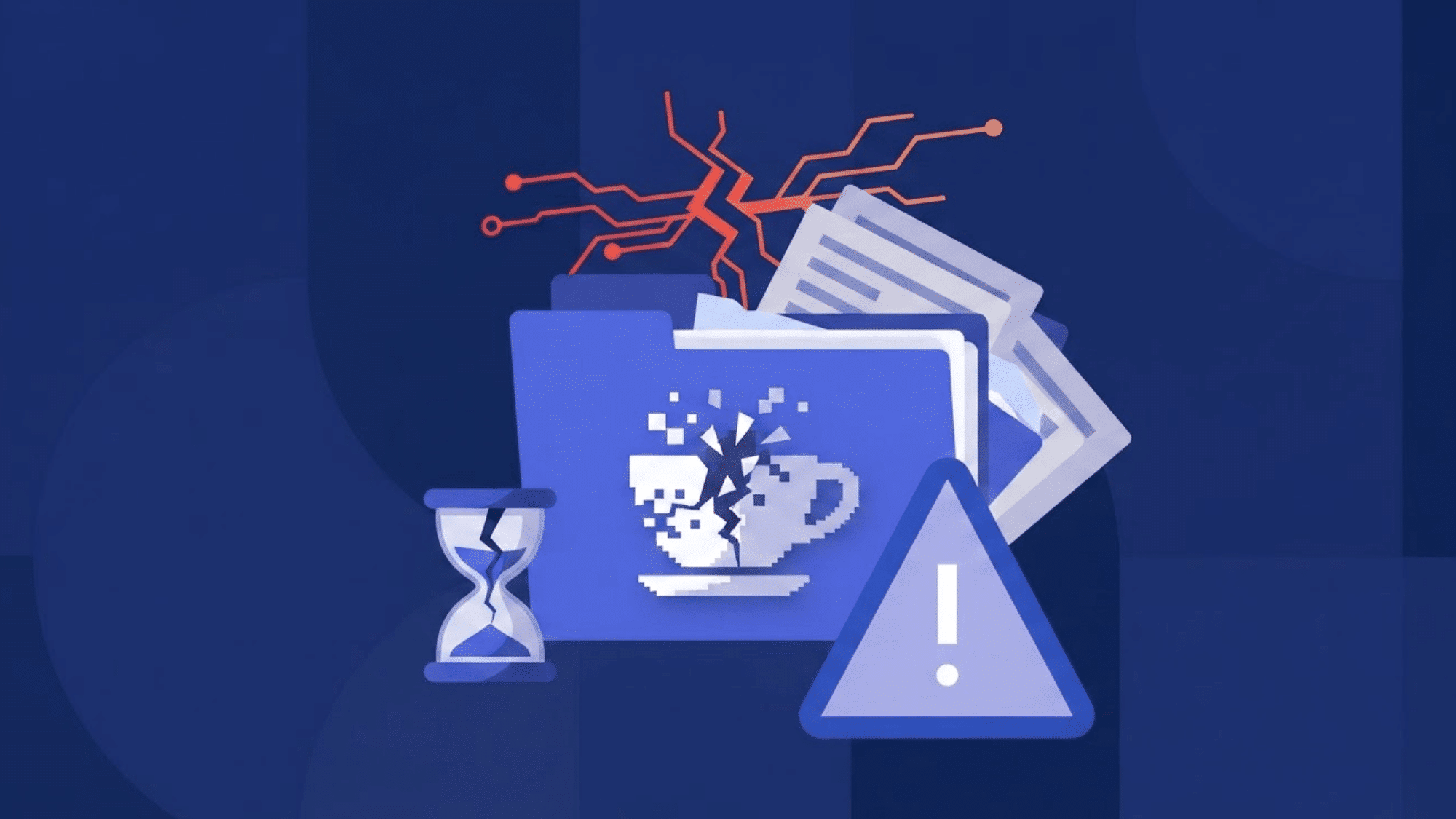 Broken tea cup, exposed files, and warning sign showing the <echighlighted><echighlighted>Tea app data breach</echighlighted></echighlighted>.